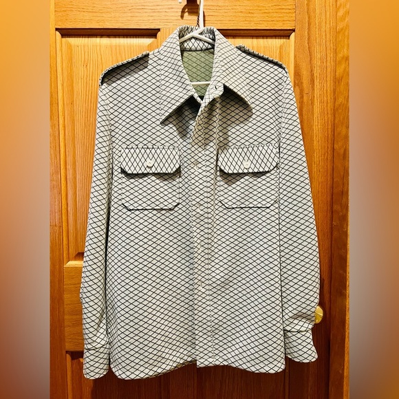 None Other - Vintage Men's Dk Green and White Patterned Jacket w/ Buttoned Front Pockets